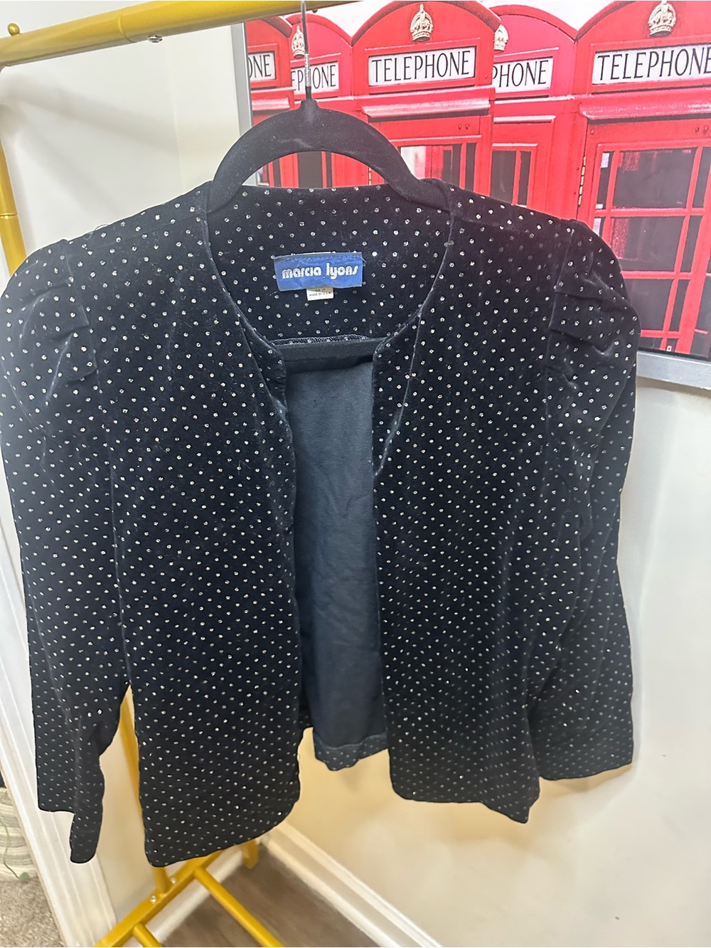 Vintage Classic Black Velvet Polka Dot Open Jacket Blazer